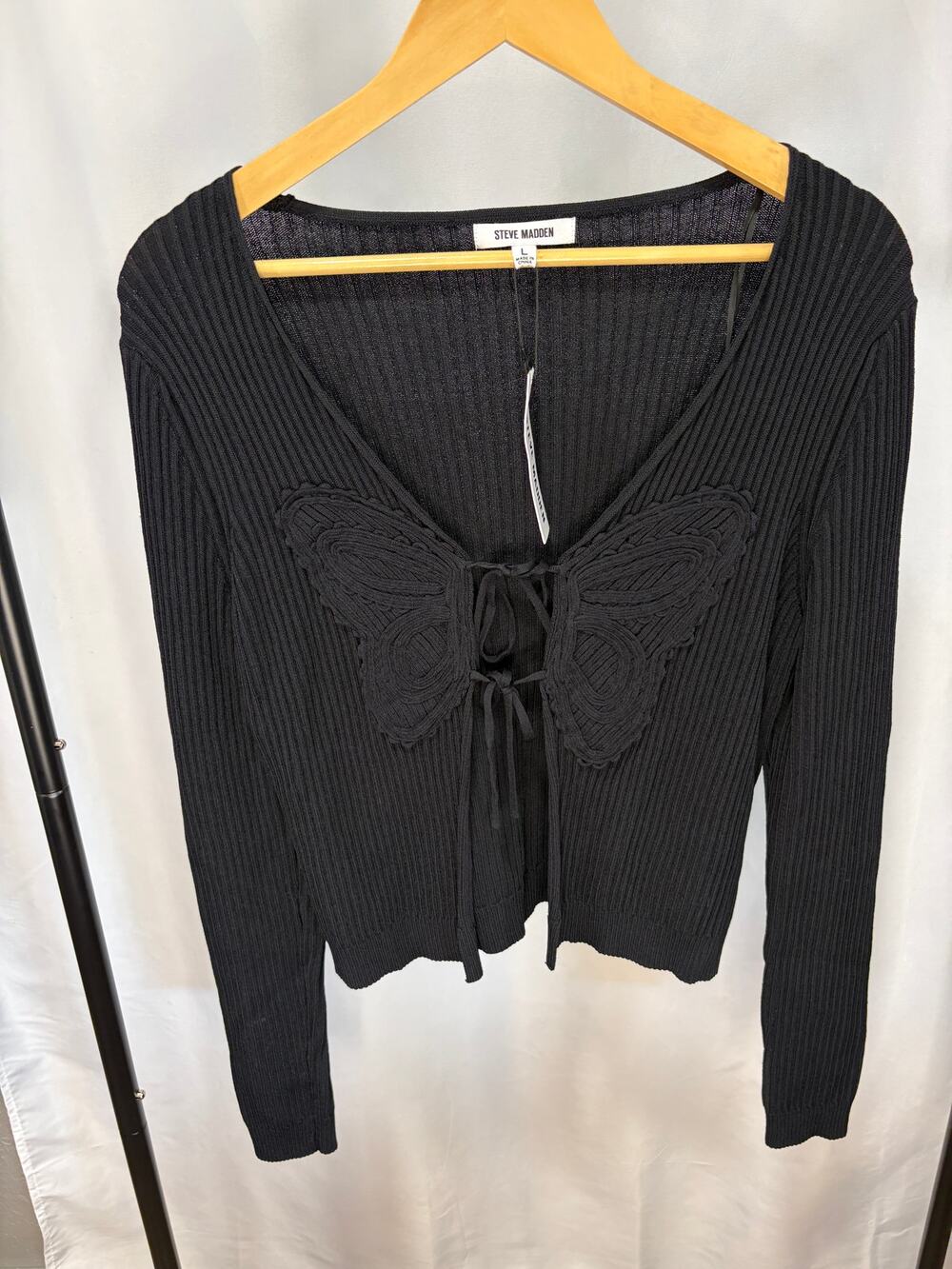 Steve Madden Women’s L Black Ribbed Knit Butterfly Tie Front Cardigan Sweater